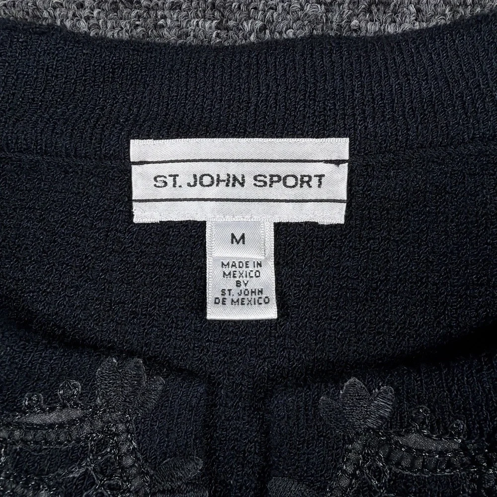 St John Sport Sweater Womens Medium Black Floral Henley Wool Pullover Tunic